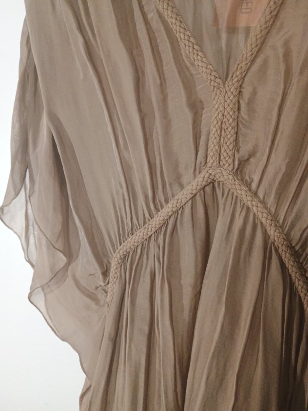 Boho Taupe Grecian Maxi Dress Braided Trim Dolman Sleeve Flowy Kaftan NWT - Picture 4 of 8